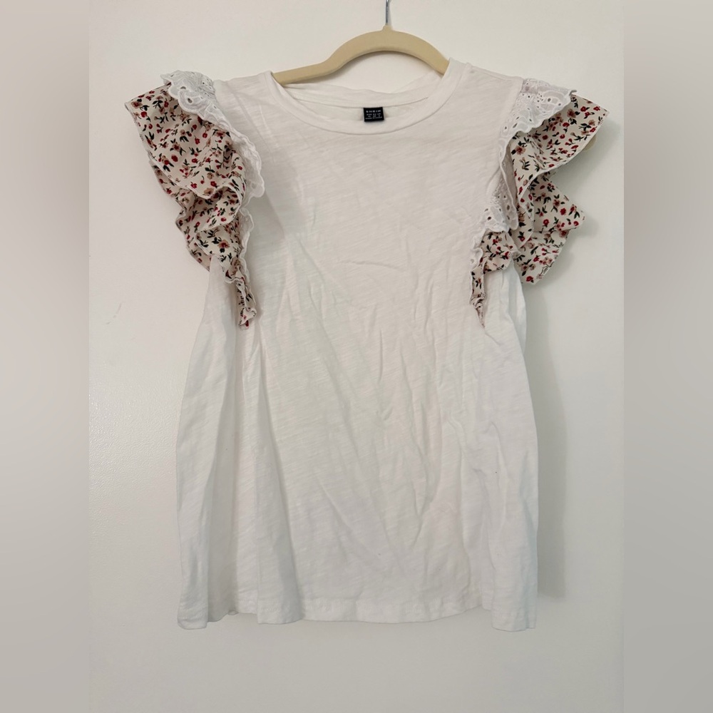 SHEIN White Tee with Floral Ruffle Sleeves